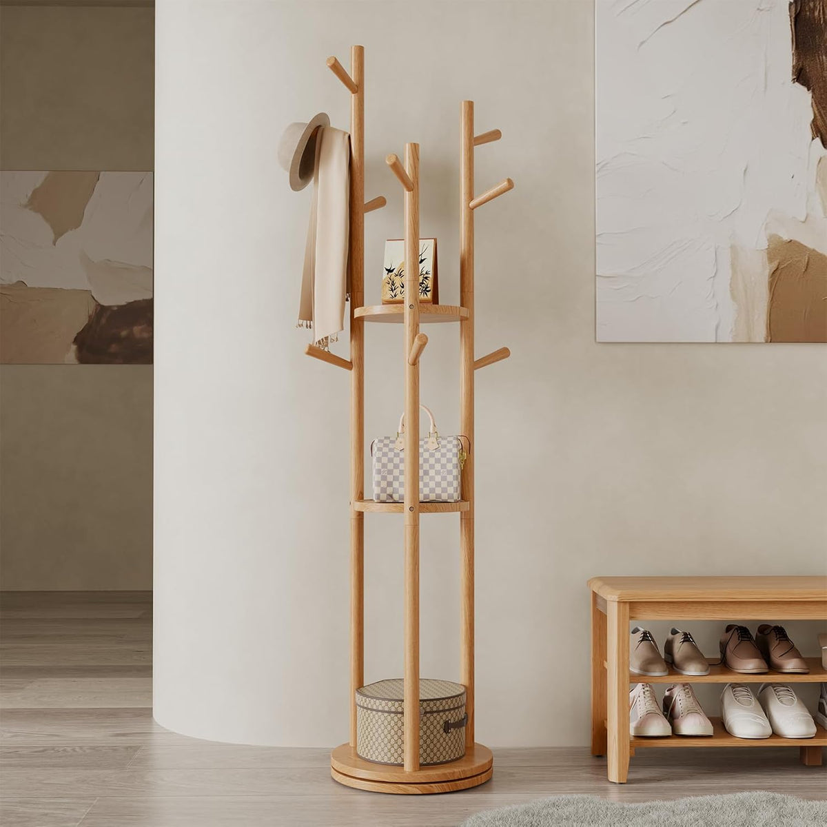 Solid Wood Rotary Coat Rack, Freestanding Coat Rack with 3 Shelves and 9 Hooks, Coat tree for Bedroom, Entryway, Livingroom, Coat Hanger Stand for Coats, Scarves, Handbags (Walnut)