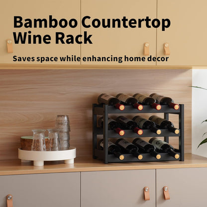 Bamboo Wine Rack, Sturdy and Durable Wine Storage Cabinet Shelf, Wine Racks Countertop for Pantry,Kitchen,3-Tier 12 Bottles Wine Rack Black