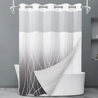 No Hook Grey White Striped Shower Curtain with Snap in Fabric Liner Set - Hotel Liner Set with See Through Mesh Top Window,Machine Washable, 71x74 INCH