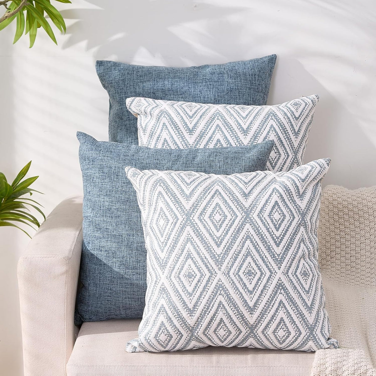 HPUK Decorative Throw Pillow Covers Set of 4 Square Couch Pillows Linen Cushion Cover for Couch Sofa Living Room, 18"x18" inches, Blue