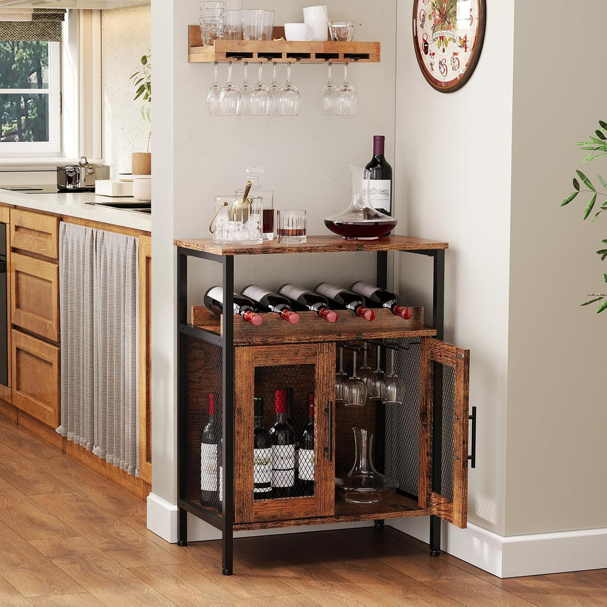 X-cosrack Wine Bar Rack Cabinet with Detachable Wine Rack, Coffee Barwith Glass Holder, Small Sideboard and Buffet Cabinet with Mesh Door, Rustic Brown(Patent Pending)