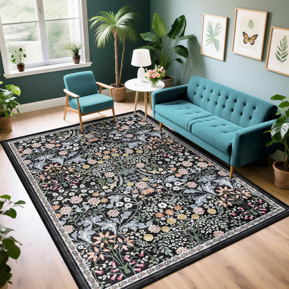 8x10 Area Rugs for Living Room: Floral Washable Rug Vintage Large Soft Boho Non-Slip Carpet Indoor Floor Stain Resistant Carpets for Bedroom Dining Room Farmhouse Nursery Home Office Dark Green
