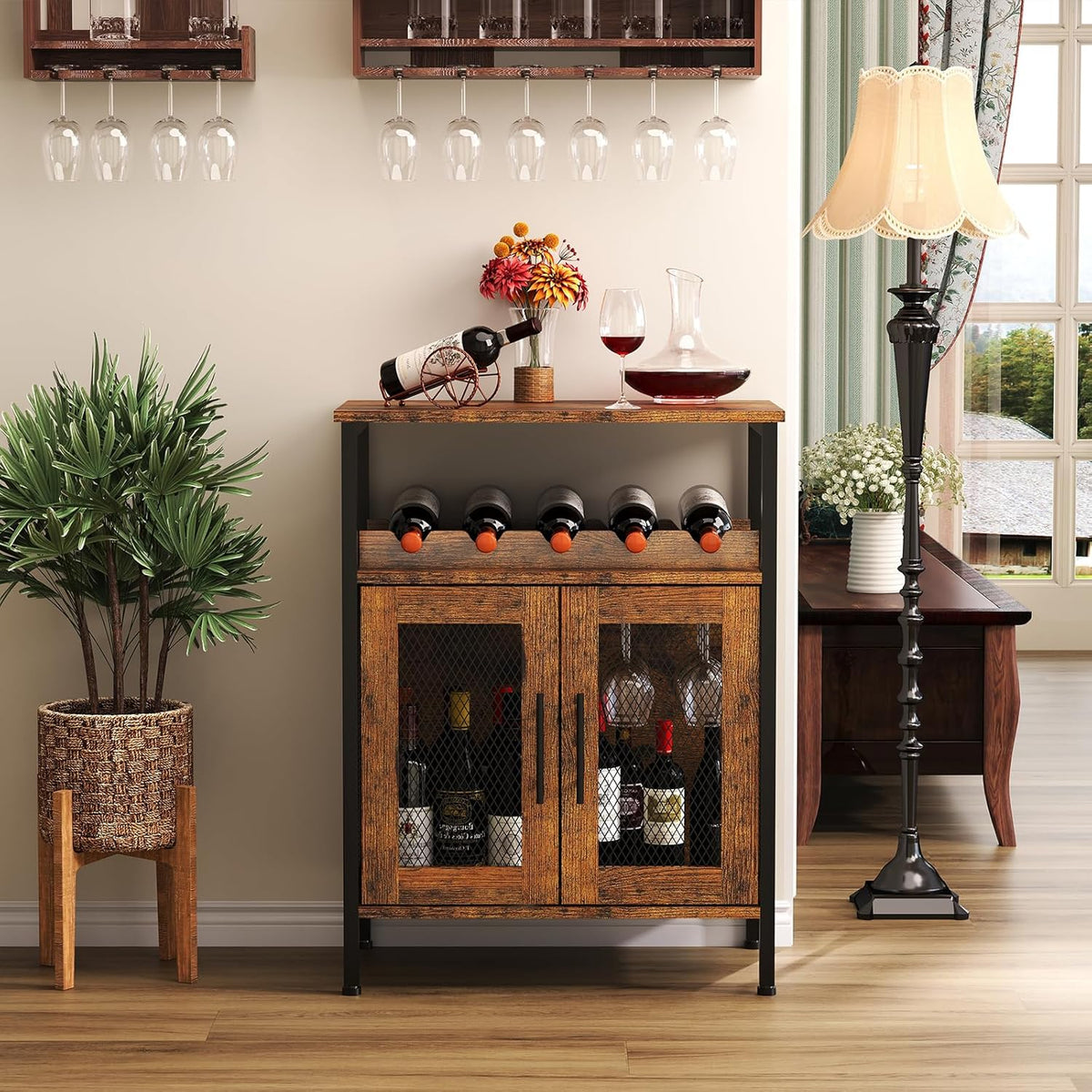 X-cosrack Wine Bar Rack Cabinet with Detachable Wine Rack, Coffee Barwith Glass Holder, Small Sideboard and Buffet Cabinet with Mesh Door, Rustic Brown(Patent Pending)