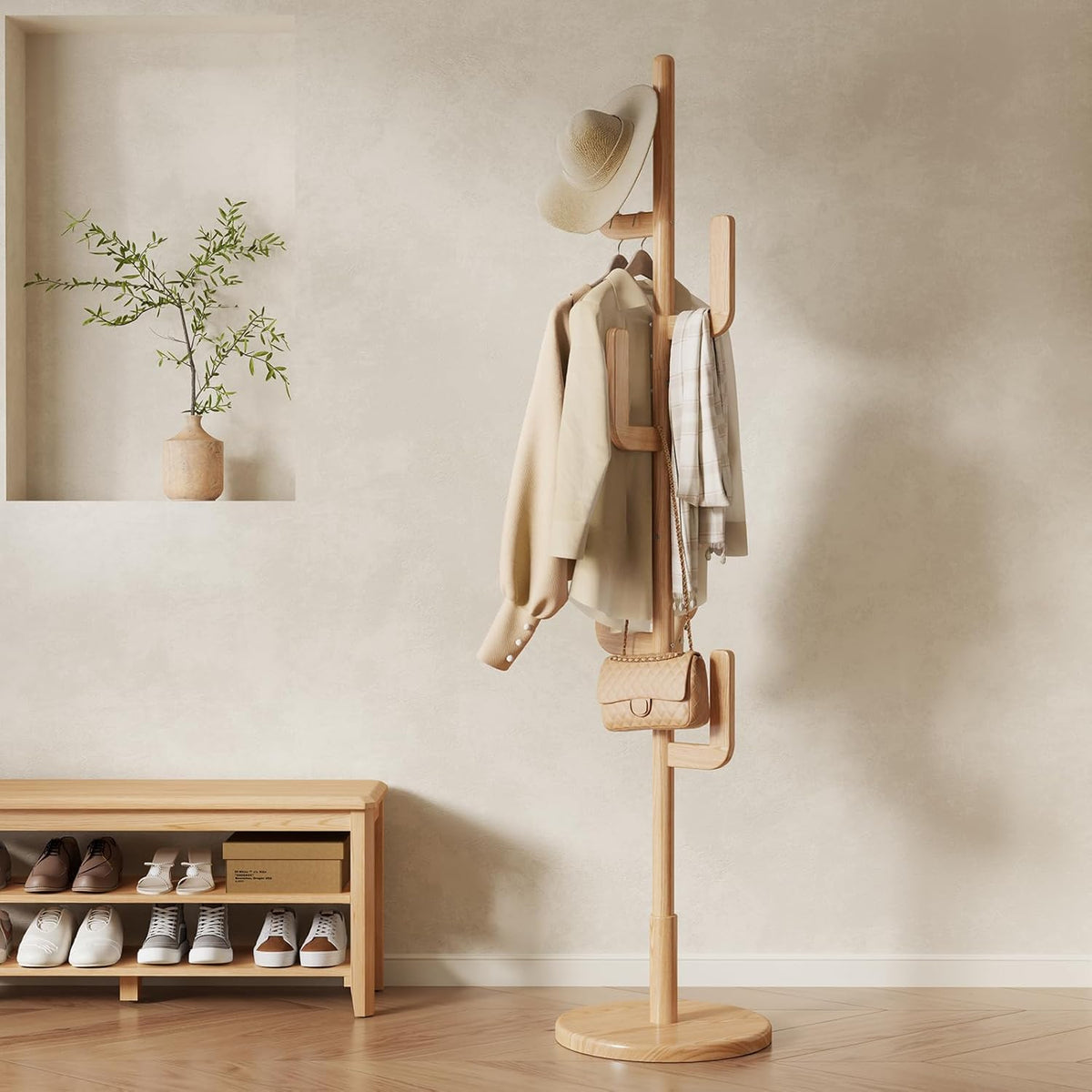 Solid Wood Cactus Coat Rack, Freestanding Coat Rack With 6 L-Shaped Hooks and 3 Adjustable Sizes, Coat Tree for Bedroom, Entryway, Livingroom, Coat Hanger Stand for Coats, Handbags (Walnut)