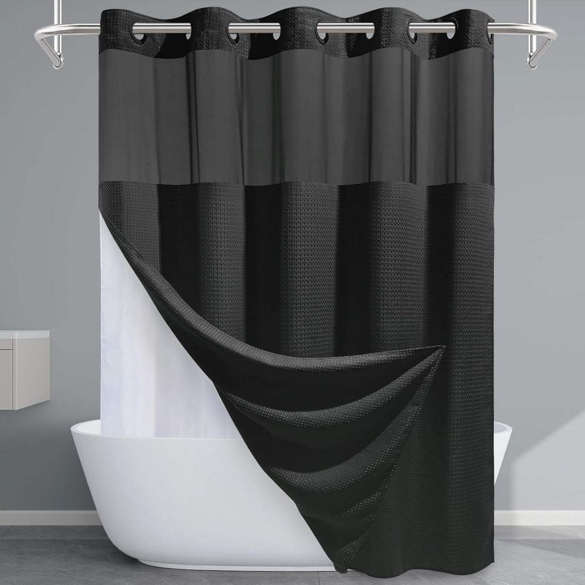 Grey Shower Curtain and Liner Set - 230GSM Waffle Weave Textured Heavy Duty,Hotel Luxury Weighted Bath Curtain,71W x 74H