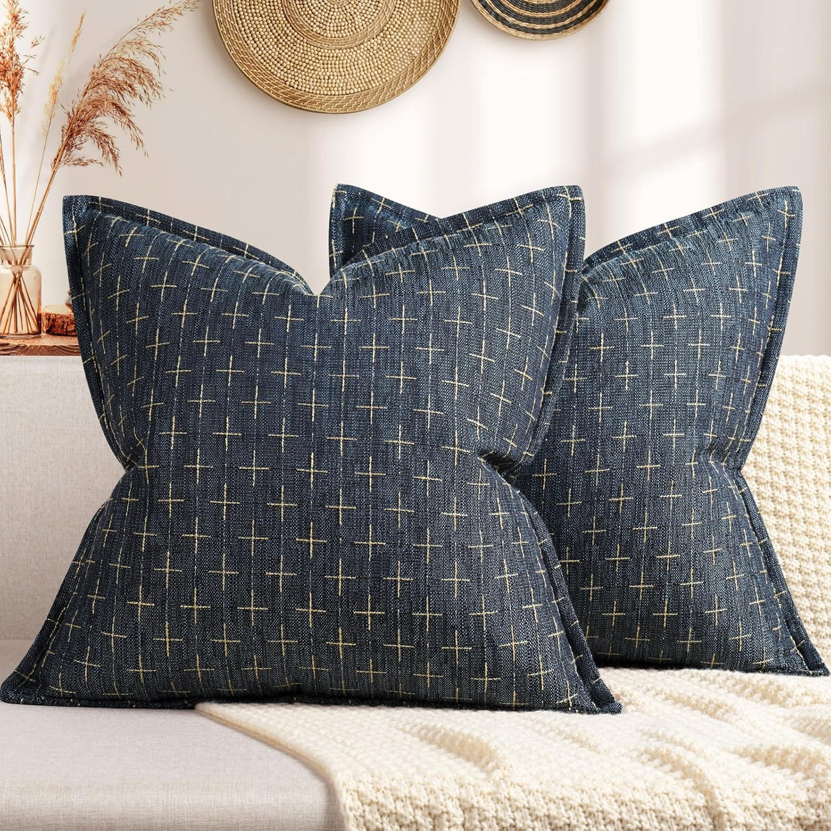 ZWJD Pillow Covers 18x18 Set of 2 Soft Polyester Textured Pillow Covers with Stylish Flange Edge Cozy Farmhouse Throw Pillows for Couch Bed Sofa Living Room