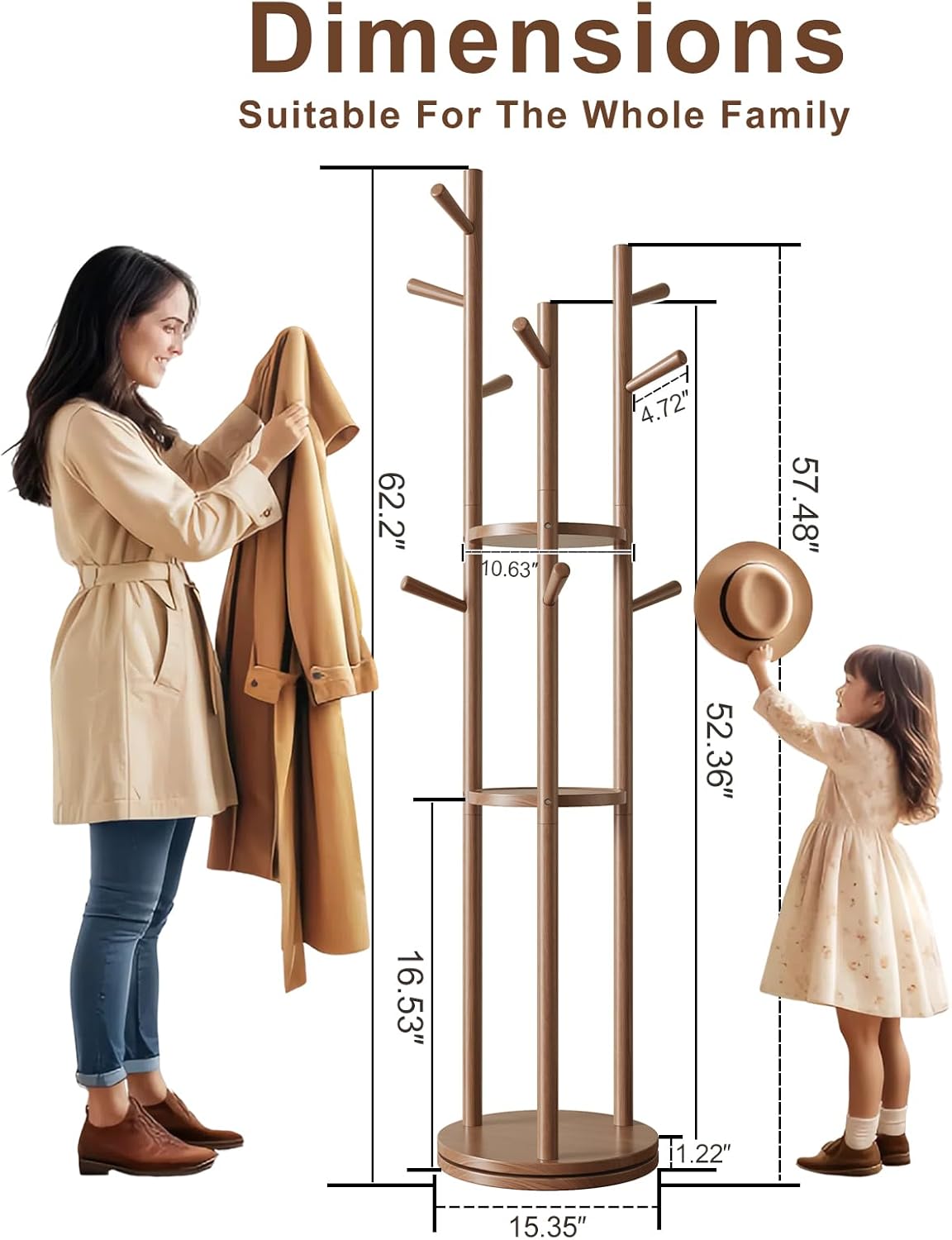 Solid Wood Rotary Coat Rack, Freestanding Coat Rack with 3 Shelves and 9 Hooks, Coat tree for Bedroom, Entryway, Livingroom, Coat Hanger Stand for Coats, Scarves, Handbags (Walnut)