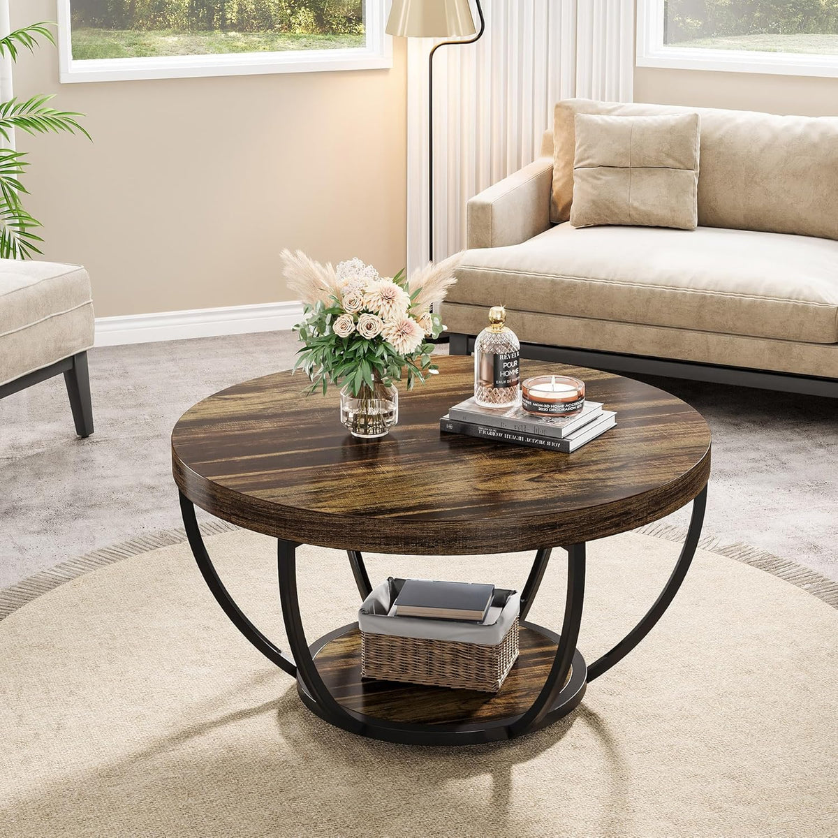 Tribesigns Round Coffee Table, 31.7" Wooden 2-Tier Circle Coffee Table with Storage Shelves, Modern Accent Cocktail Table Center Table for Living Room, Rustic Brown
