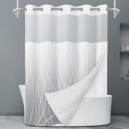 No Hook Grey White Striped Shower Curtain with Snap in Fabric Liner Set - Hotel Liner Set with See Through Mesh Top Window,Machine Washable, 71x74 INCH