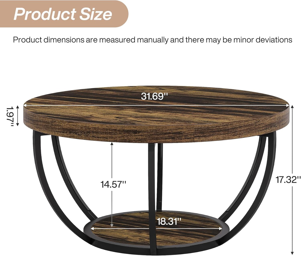 Tribesigns Round Coffee Table, 31.7" Wooden 2-Tier Circle Coffee Table with Storage Shelves, Modern Accent Cocktail Table Center Table for Living Room, Rustic Brown