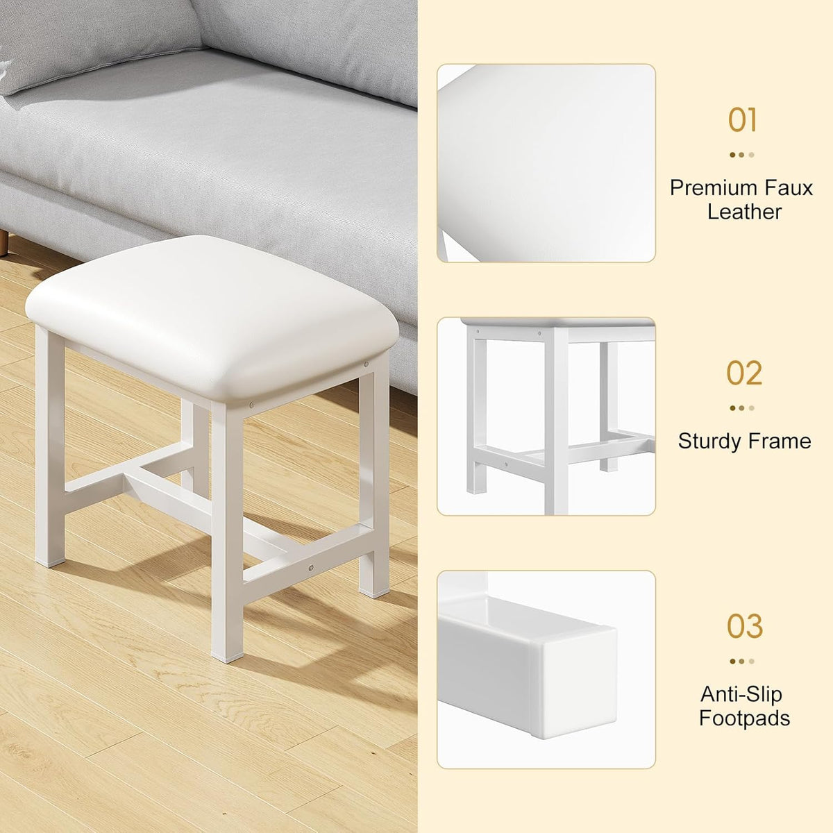 White Vanity Stool, Small Vanity Chair, Cute Makeup Bench Seat with Leather Cushioned, Desk Stools for Bedroom, Bathroom, Entryway, Living Room, Office