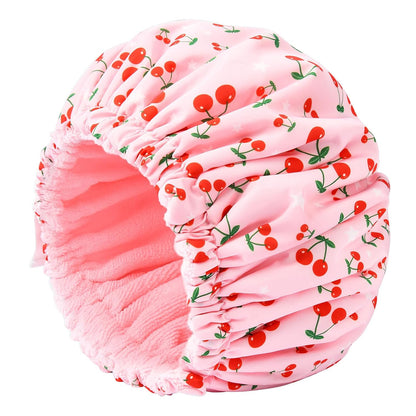 Shower Cap for Women Terry Lined Bath Cap Large Reusable Waterproof Elastic Band Pink Shower Caps for Long Thick Hair Soft Bath Shower Hair Caps