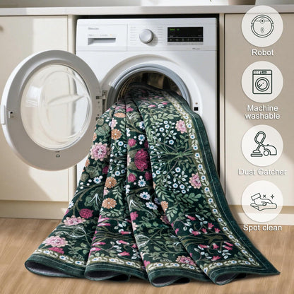 8x10 Area Rugs for Living Room: Floral Washable Rug Vintage Large Soft Boho Non-Slip Carpet Indoor Floor Stain Resistant Carpets for Bedroom Dining Room Farmhouse Nursery Home Office Dark Green