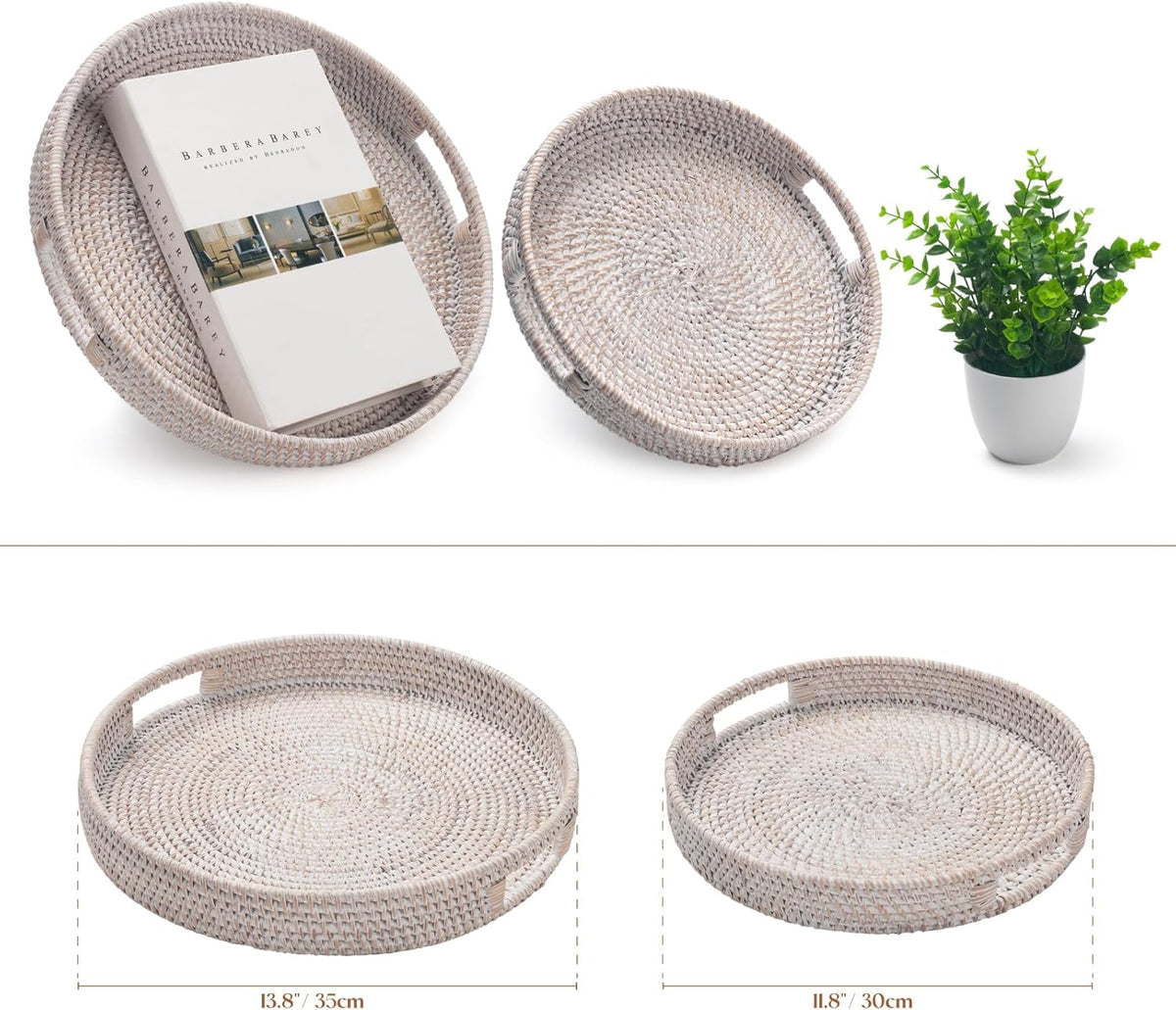 13.8 inch Round Rattan Tray, Decorative Coffee Table Tray, Ottoman Tray, Woven Serving Tray with Handles, Wicker Serving Basket, Whitewash