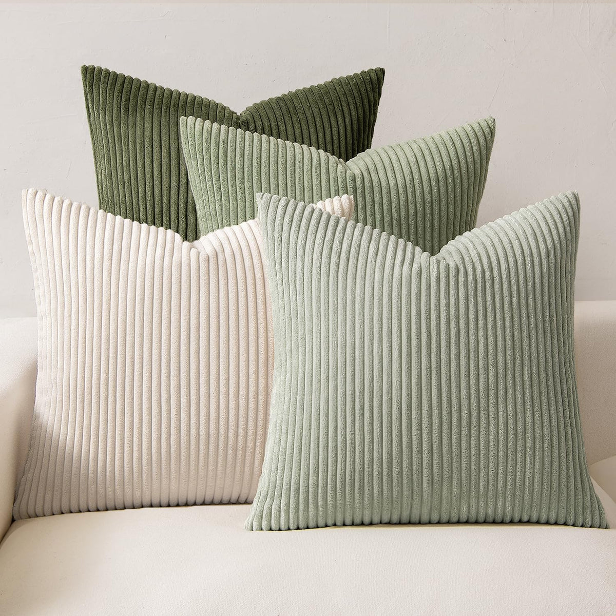 MIULEE Boho Farmhouse Sage Green Throw Pillow Covers 18x18 Inch Set of 4 Mordern Nordic Cushion Covers Soft Corduroy Spring Home Decor for Couch Bed Sofa Living Room Forest Green