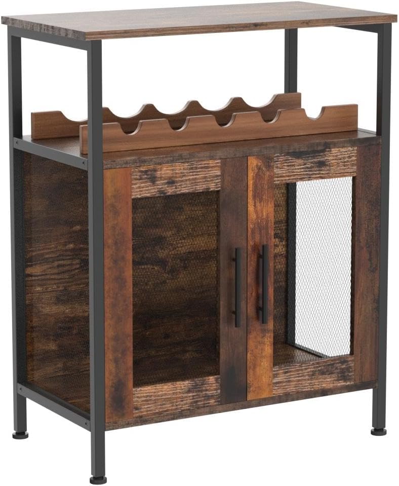 X-cosrack Wine Bar Rack Cabinet with Detachable Wine Rack, Coffee Barwith Glass Holder, Small Sideboard and Buffet Cabinet with Mesh Door, Rustic Brown(Patent Pending)