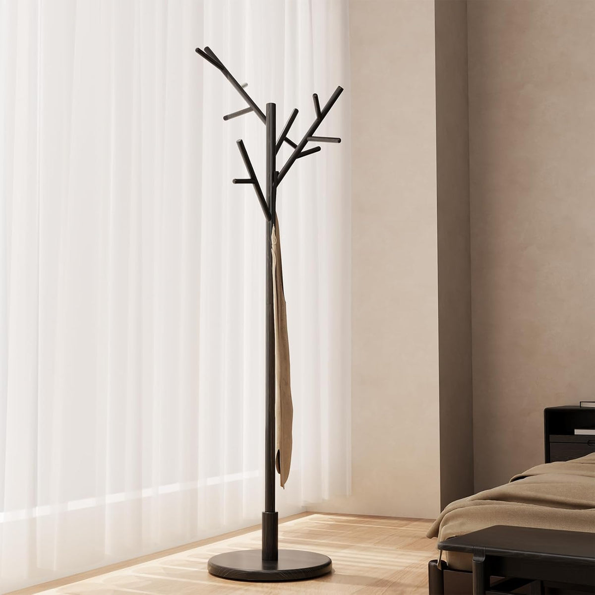 Coat Rack,Solid Wood Coat Rack Freestanding with 12 Hooks,Coat tree freestanding 3 Adjustable Heights for coat, Hats, Handbags，Coat Stand for Entryway,Bedroom (Walnut)