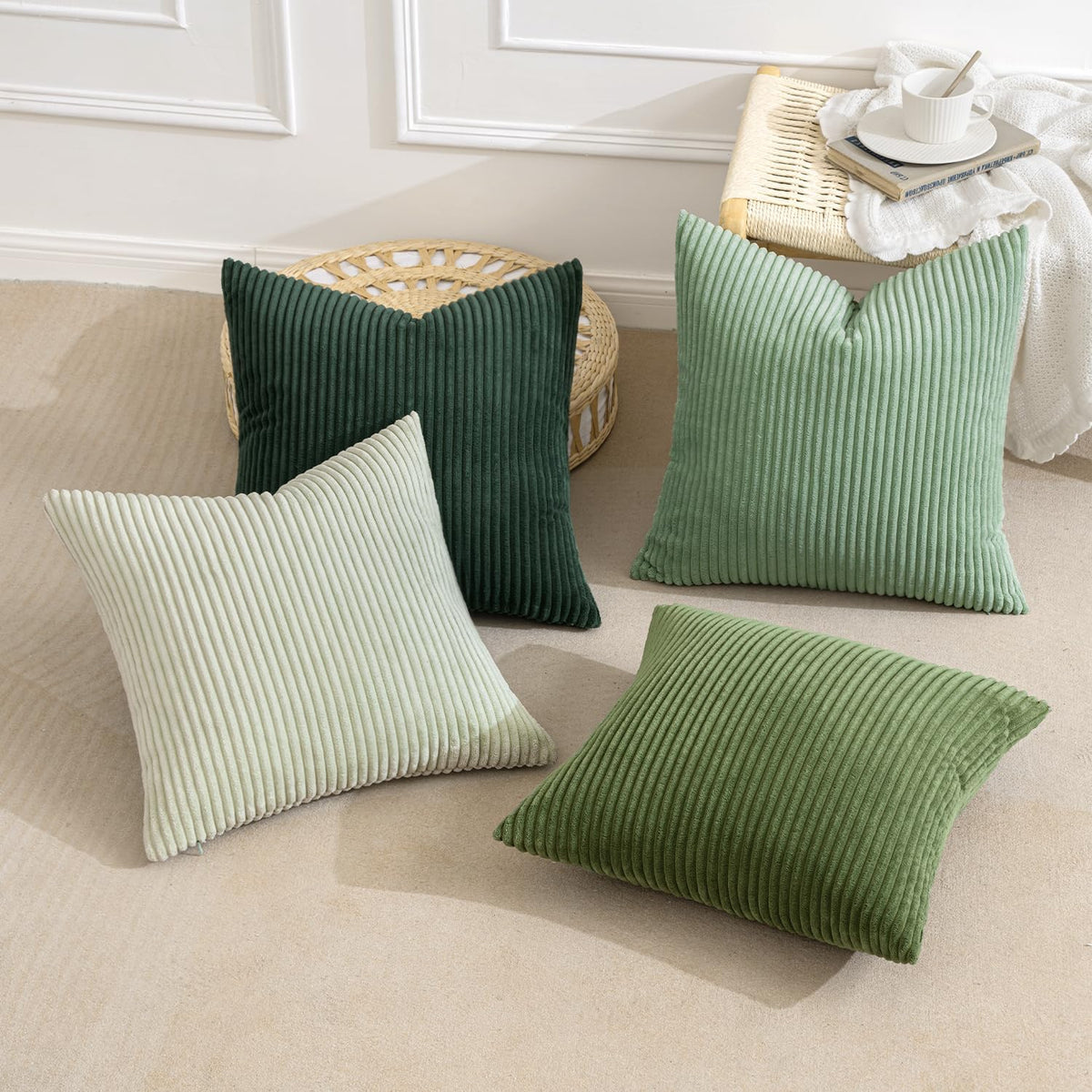 MIULEE Boho Farmhouse Sage Green Throw Pillow Covers 18x18 Inch Set of 4 Mordern Nordic Cushion Covers Soft Corduroy Spring Home Decor for Couch Bed Sofa Living Room Forest Green