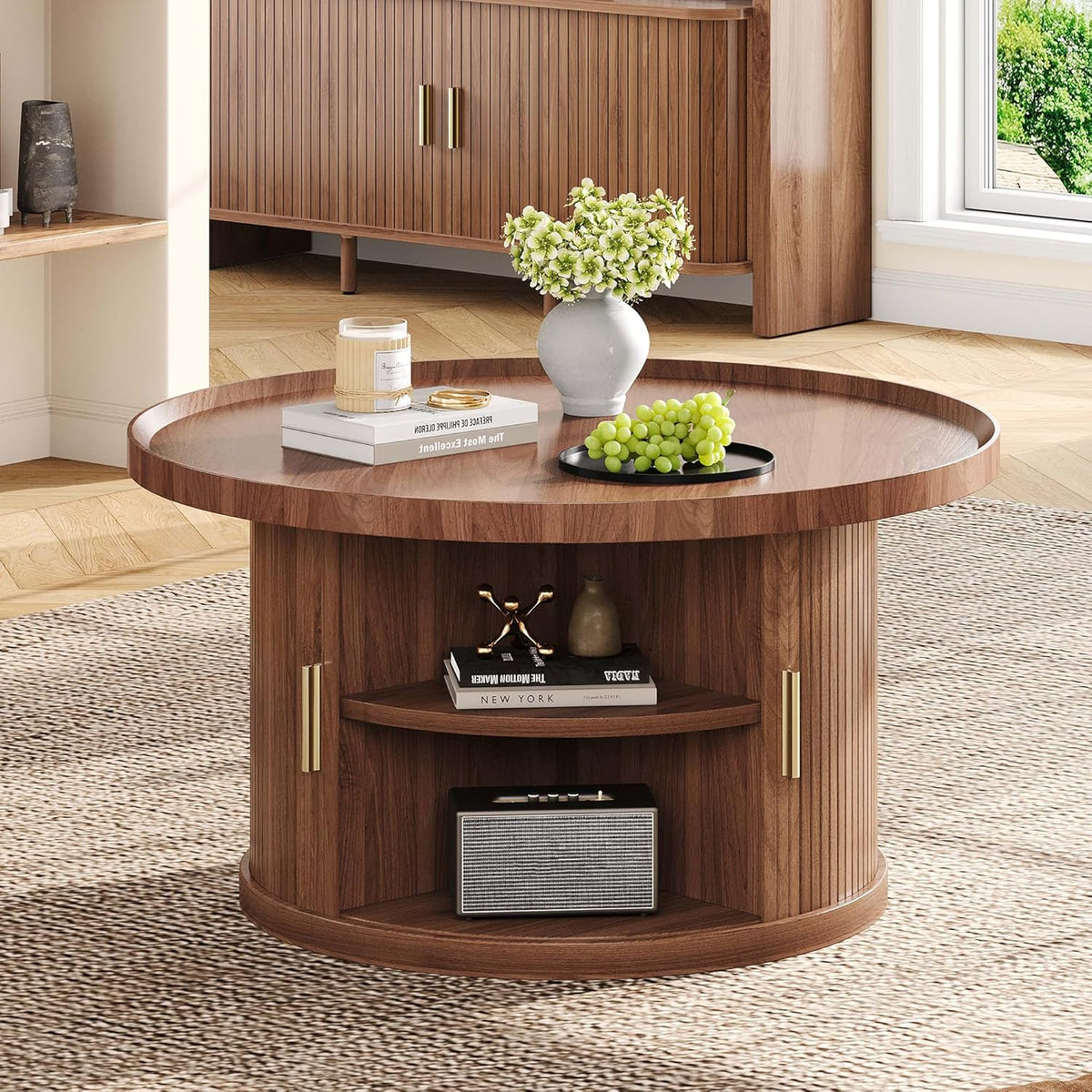 IRONCK Coffee Table, 31.5" Round Coffee Table with Storage & Sliding Tambour Door, Fluted Center Table for Living Room, Small Space, Mid Century Modern, Walnut