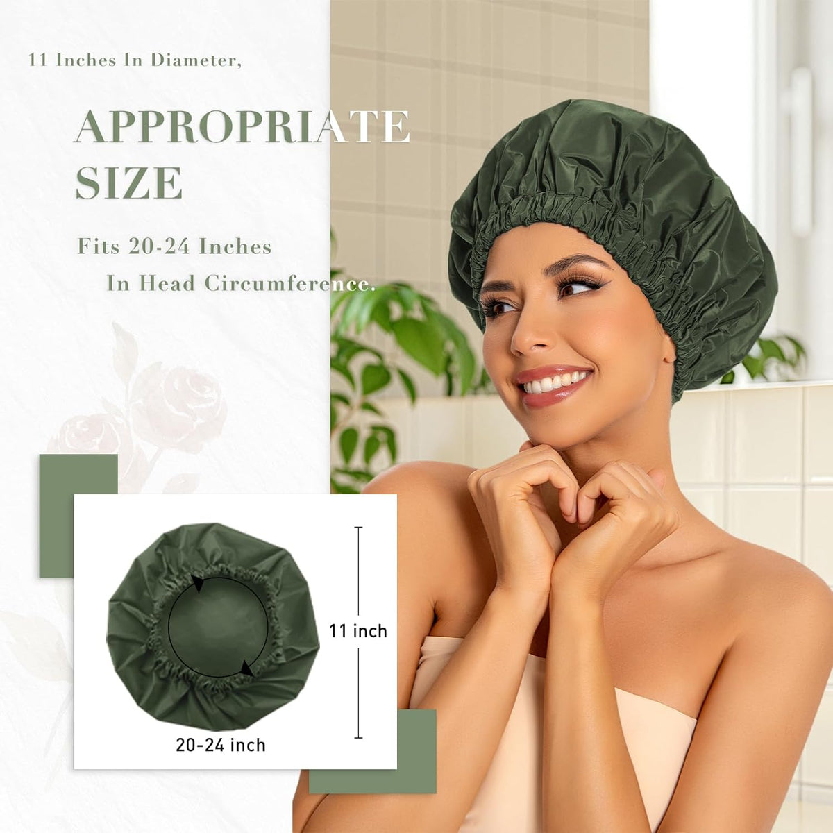 Reusable Shower Cap for Women, Large Waterproof Shower Bonnet Washable Elastic Band Bath Hair Hat for Long Hair, Braids(Green)