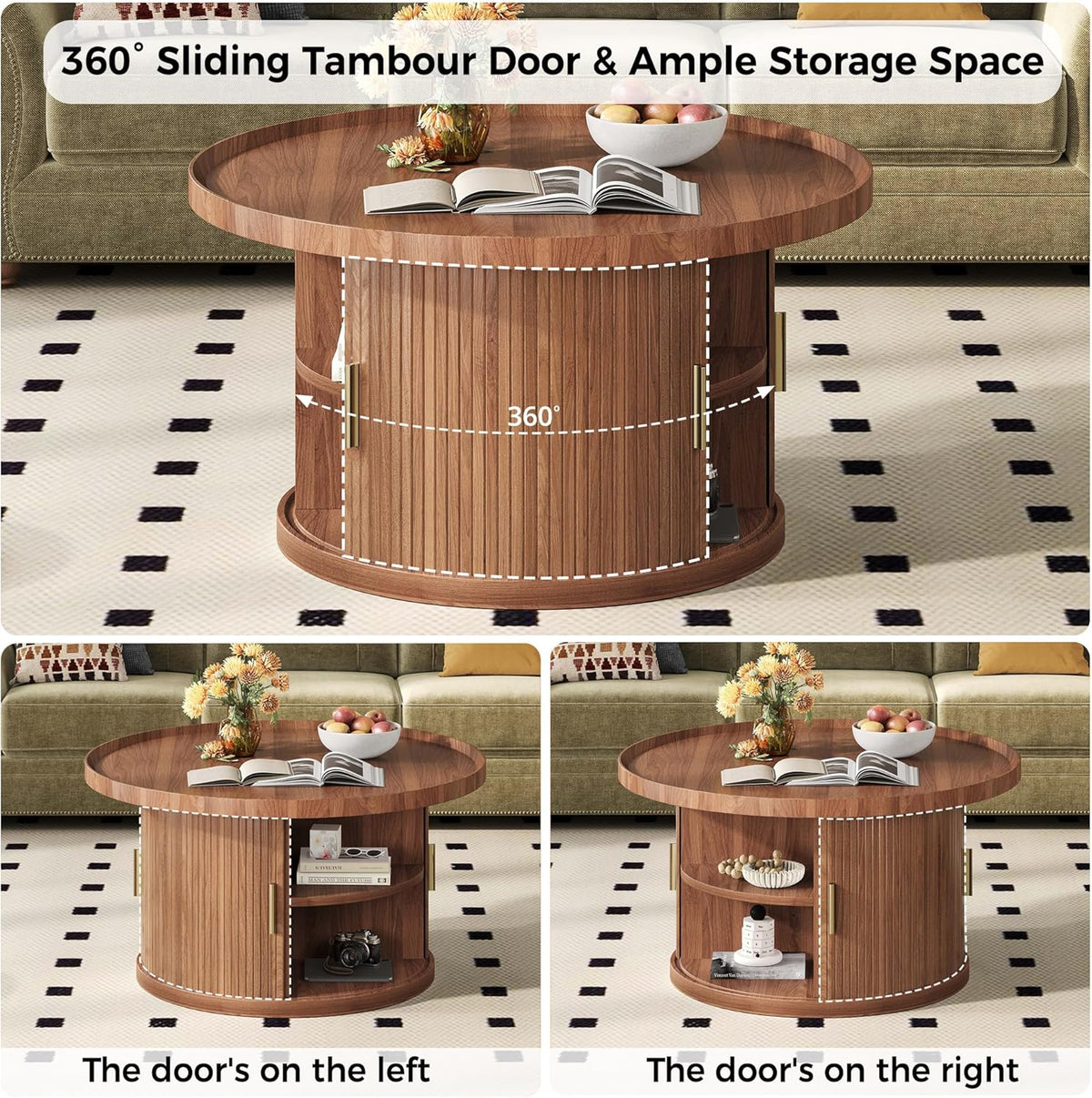 IRONCK Coffee Table, 31.5" Round Coffee Table with Storage & Sliding Tambour Door, Fluted Center Table for Living Room, Small Space, Mid Century Modern, Walnut