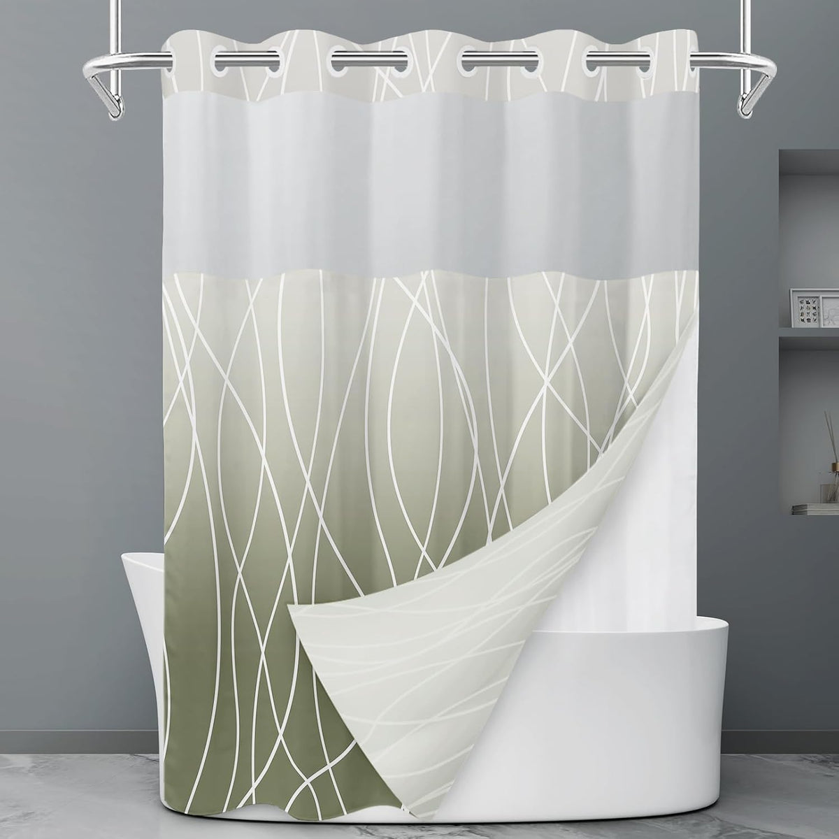 No Hook Grey White Striped Shower Curtain with Snap in Fabric Liner Set - Hotel Liner Set with See Through Mesh Top Window,Machine Washable, 71x74 INCH