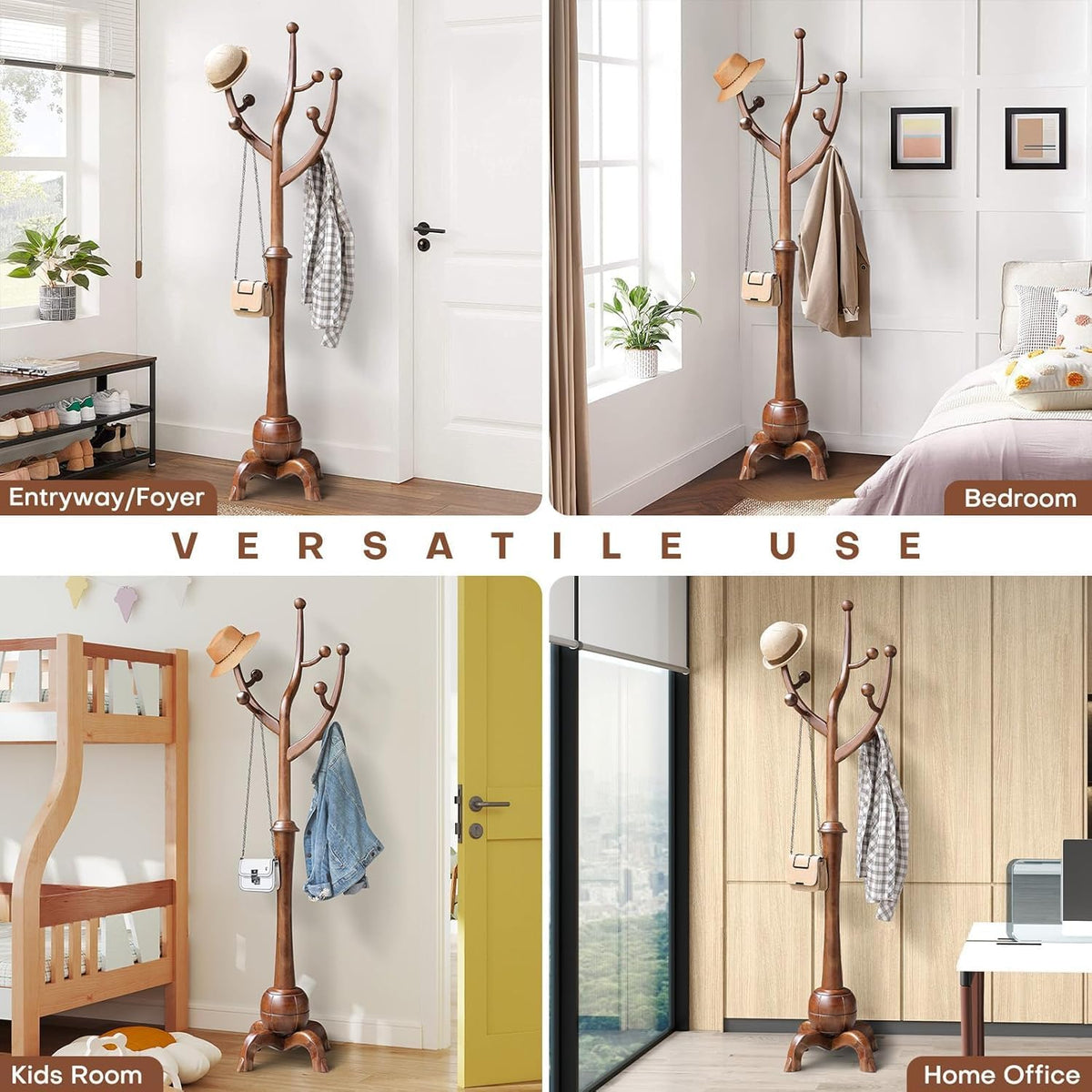 Coat Rack Freestanding Wood Coat Tree Rack with 8 Hooks, Creative Design Tree Branch-look, Standing Coat Rack Clothes Hanger Stand with Stury Base for Entryway, Hallway, Bedroom - Load 160lb (Walnut)