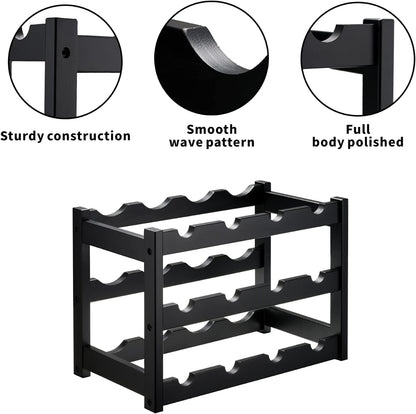 Bamboo Wine Rack, Sturdy and Durable Wine Storage Cabinet Shelf, Wine Racks Countertop for Pantry,Kitchen,3-Tier 12 Bottles Wine Rack Black